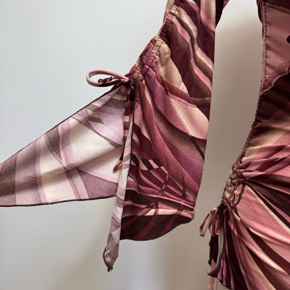 Classy- Vintage Pink and Burgundy Abstract Ruched Tie-Sleeve Blouse-Y2K - Picture 5 of 13